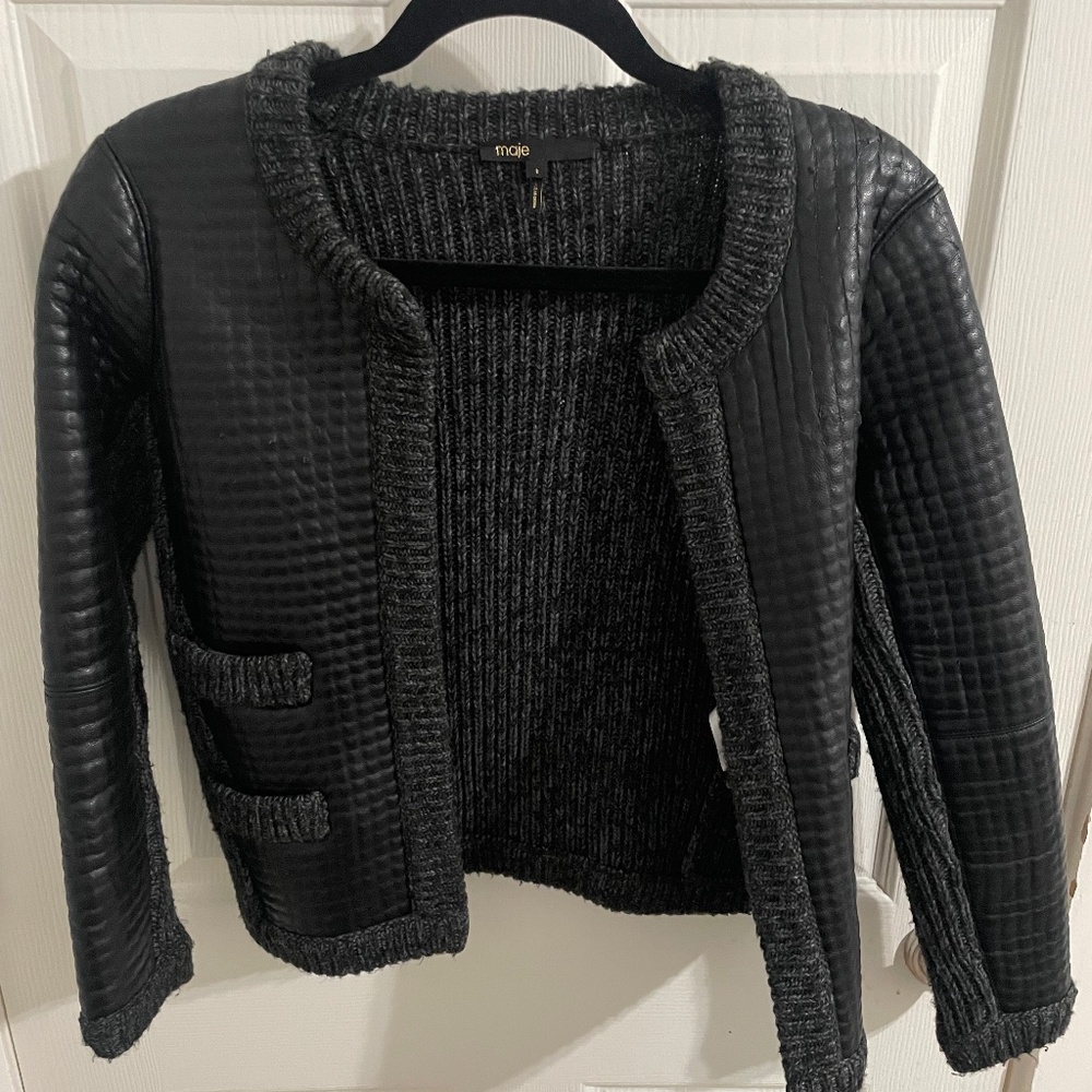 Maje Faux Leather/Knit Cardigan Jacket